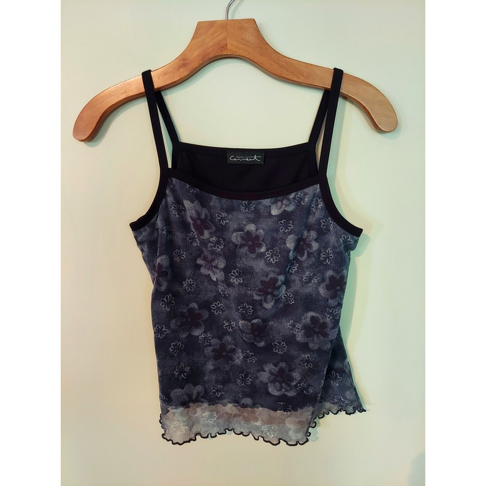 Current VTG Y2K Women Floral Mesh Overlay Cami Tank Black Purple Lettuce Edge